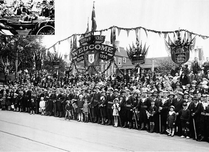 [Victoria's centenary celebrations. Crowds wait for the Duke of Gloucester to pass the City of Footscray's stand, St Kilda Road, Melbourne, 1935.]
