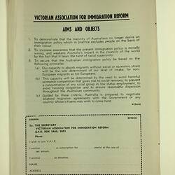 HT 56080, Pamphlet - 'Immigration Reform - Where Do We Go From Here?', Victorian Association for Immigration Reform, Melbourne, circa 1968 (MIGRATION), Document, Registered