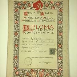 HT 56148, School Diploma - Giuseppe Gonzales, La Spezia, Italy 1 Aug 1915 (MIGRATION), Document, Registered
