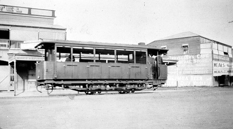 [A steam tram, Rockhampton, Queensland, 1929. Steam trams were notoriously unreliable and never became very popular in Australia.]