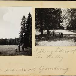 Two black and white photos on off-white page. Handwritten text in pencil. Features outdoor setting near woods.