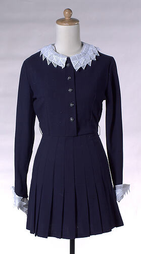 Navy wool crepe mini dress, white lace collar.