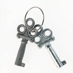 Pair of silver metal keys on a ring. Three loops on top of each key.