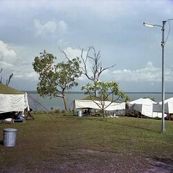 White flimsy tents pitched on grass amongst some trees. Ocean in background.