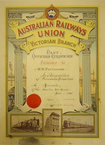 Union Certificate - Australian Railways Union, Victorian Branch, Past Officer's Certificate, 1941
