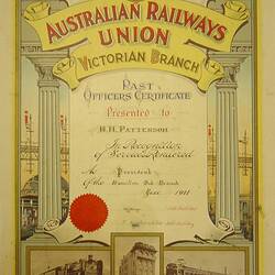 Past Officers Certificate - Presented to H.H. Patterson, Australian Railways Union, Victorian Branch, 1941