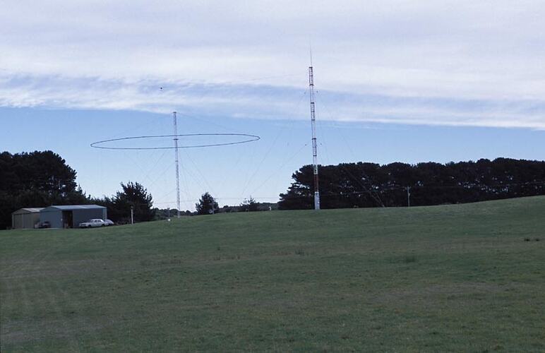 MM 028507 Bi-conical monopole broadband HF antenna and emergency VHF antenna mast. Melbourne Coastal Radio Station, Cape Schanck, Victoria