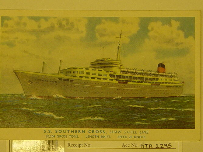 Postcard - S.S. Southern Cross, Shaw Savill Line, 20,204 Gross Tons, Length 604 Ft, Speed 20 Knots