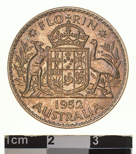 Proof Coin - Florin (2 Shillings), Specimen Strike, Australia, 1952, photographed by Museums Victoria