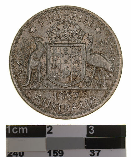 Coin - Florin (2 Shillings), Australia, 1957, photographed by Museums Victoria