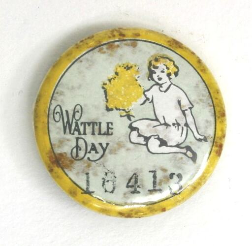 Badge with yellow border and blue background, with child holding a yellow wattle sprig and black text below.