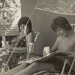 Digital Photograph - Boy & Girl Sitting in Camping Chairs, Phillip Island, 1973