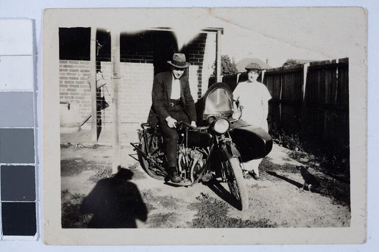 Digital Photograph - Man on Motorbike with Sidecar, with Mother, Backyard, Brunswick, circa 1935
