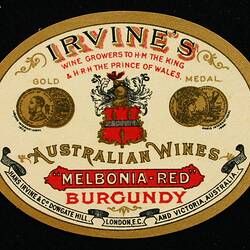Wine Label - Great Western Winery, Burgundy, 'Melbonia-Red', 1908-1918