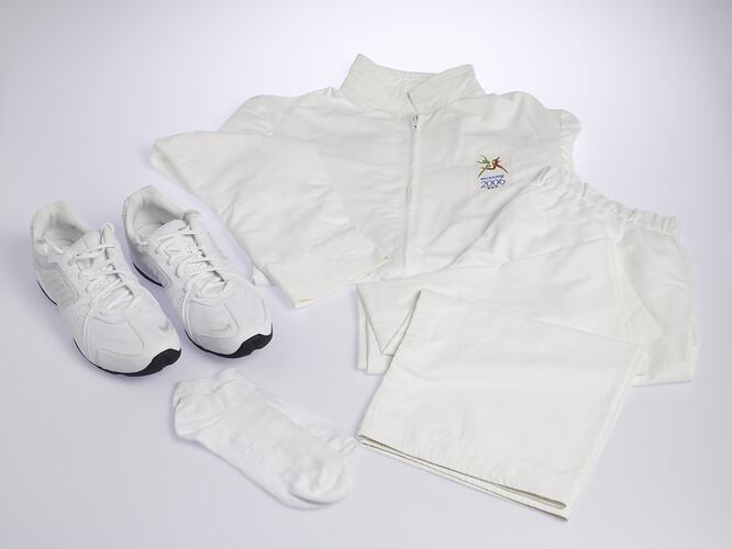 Pair of shoes, sock and tracksuit used for Queen's baton relay, Melbourne Commonwealth Games, 2006