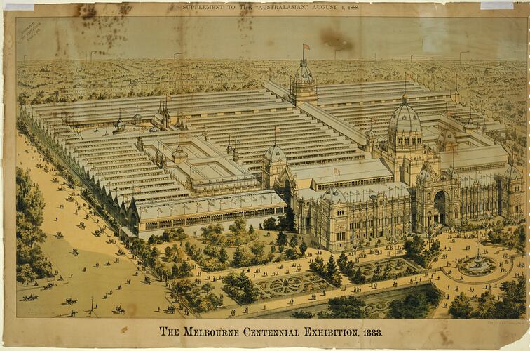 Aerial view of the Royal Exhibition Building, 'The Melbourne Centennial Exhibition, 1888', The Australasian, 4 Aug 1888