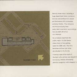 Second page of illustrated brochure depicting floor plan in brown, black and white, alongside text.