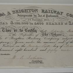 Scrip - St Kilda & Brighton Railway Co, Issued Victoria, Australia, 1859