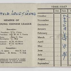 Membership Card - The Young Chinese League, Samuel Louey Gung, Melbourne, 1946-1947