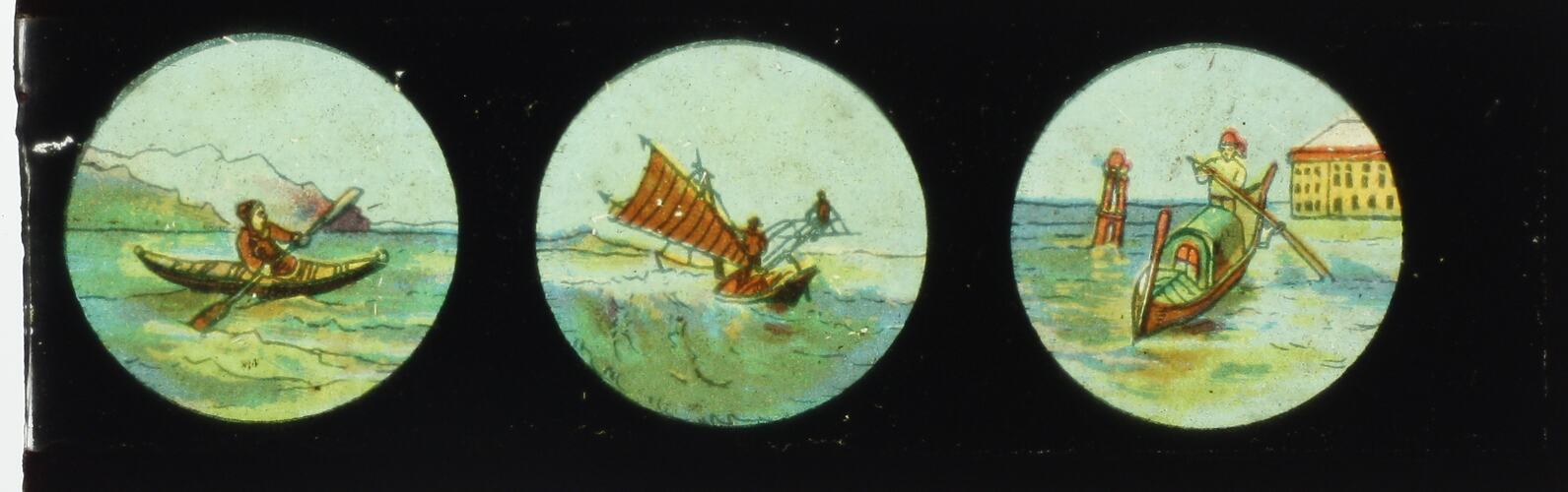 Lantern Slide - Three Boats at Sea, Panorama Slide, 1860-1920