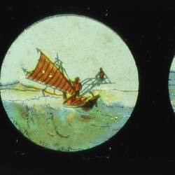 Lantern Slide - Miniature Panorama Format Multiple Image, Three Boats at Sea, circa 1860-1920