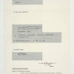 Appointment Notice - Issued to Lili Sigalas, Education Department, 7 Dec 1970