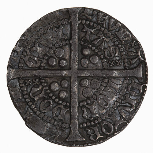 Coin, round, long cross pattee dividing legend; text around in two concentric circles.