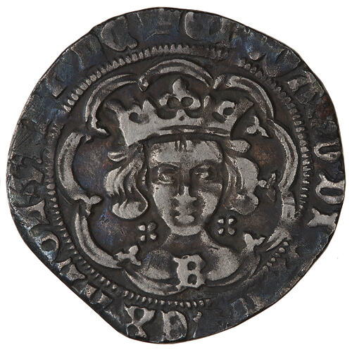 Coin, round, crowned bust of the King facing within a tressure of nine arches; text around.