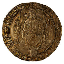 Coin, round, King enthroned holding an orb and sceptre, the throne birds on its pillars; below, Tudor Rose.