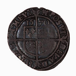 Coin, round, within beaded circle, cross fourchee quartered with the arms of France and England.