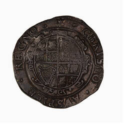 Coin, round, at centre within a circle of beads; garnished oval shield quartered with royal arms; text around.
