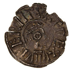Coin, round, a diademed bust of male facing right, the bust extends to the edge of the coin; text around.