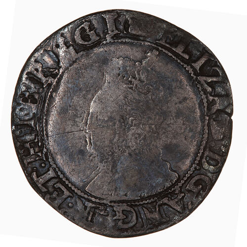 Coin, round, Within an inner bead circle, crowned bust of the Queen, wearing ruff and decorated dress.