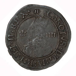 Coin, round, Within an inner beaded circle, the crowned and draped bust of a king facing left; text around.