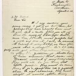 Letter - Johnson to Telford, Phar Lap's Death, 12 Apr 1932