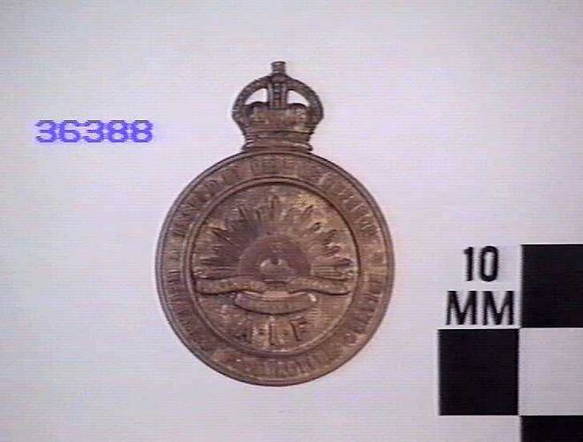 Round metal badge with crown protruding from on top, crest in centre with text surrounding.
