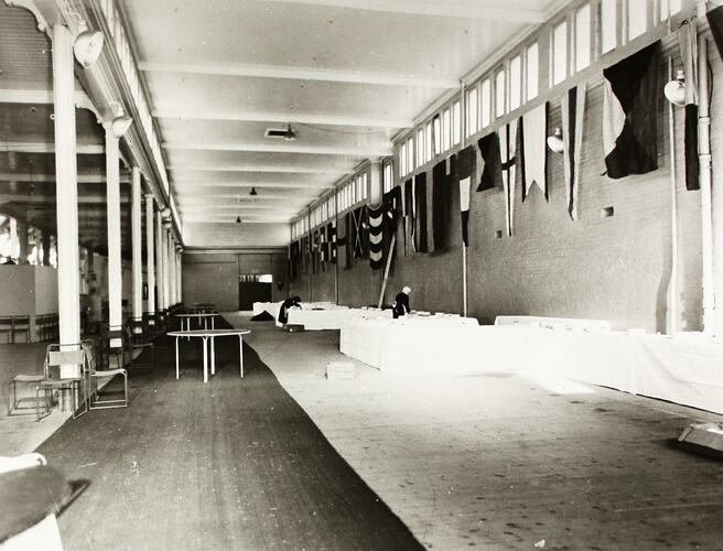 Photograph - Supper Preparations in the Great Hall Galleries during the Royal Visit, Exhibition Building, Melbourne, 27 Feb 1958