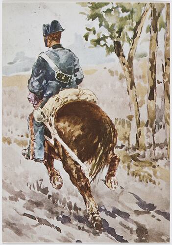 Postcard with a painting: Rear view of man seated on galloping horse.