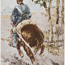 Postcard with a painting: Rear view of man seated on galloping horse.