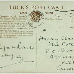 Postcard - From Mr Edgar Rouse to Mr Harry Clarke Jnr, 'Visiting Sentries at St James Palace', London, 29 July 1938
