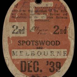 Train Ticket - Spotswood & Melbourne, Victorian Railways, Dec 1939