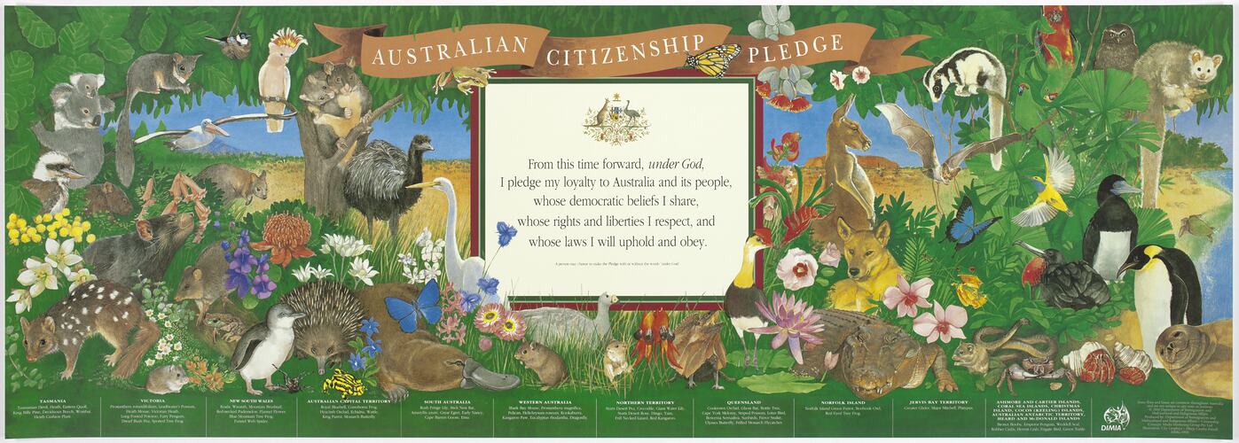 Poster, rectangular with colourful collage of Australian states' flora and fauna. Text in centre.