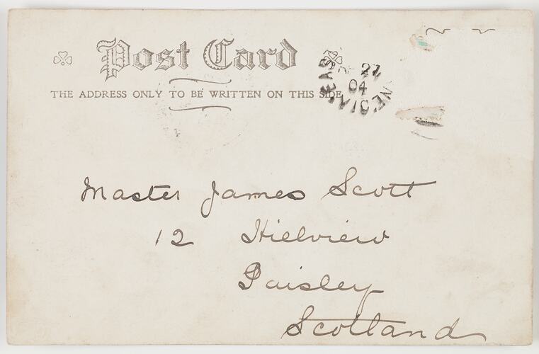 Postcard - His Old Home by J. A. Turner, To James Scott from Marion Flinn, Melbourne, circa 1904-1907