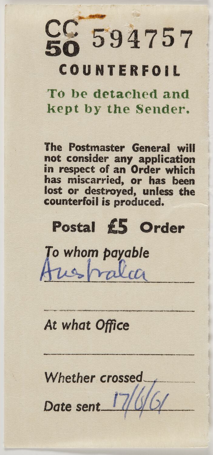 Counterfoil - Postal Order, Pay Australia £5, 17 Jun 1961