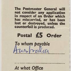 Counterfoil - Postal Order, Pay Australia £5, 17 Jun 1961