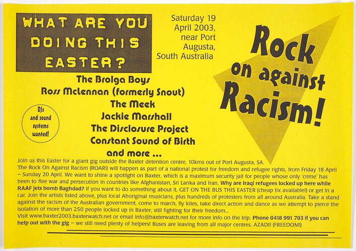 Poster - Rock on Against Racism!, Refugee Action Collective, 2003