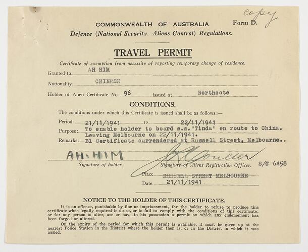 Travel Permit - Commonwealth of Australia