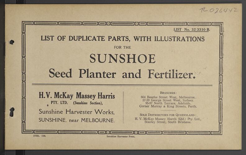 Parts List - H.V. McKay Massey Harris, 'Sunshoe Seed Planter & Fertilizer', 1933