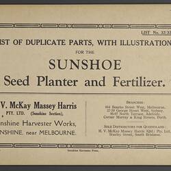 Parts List - H.V. McKay Massey Harris, 'Sunshoe Seed Planter & Fertilizer', 1933