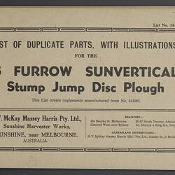 Parts List - H.V. McKay Massey Harris, 5 Furrow Sunvertical Plough, Sunshine, Victoria, 1941